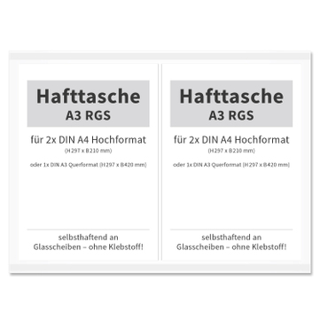 Hafttasche A3 RGS: für 2x DIN A4 nebeneinander oder 1x A3: haftet auf Glas 
