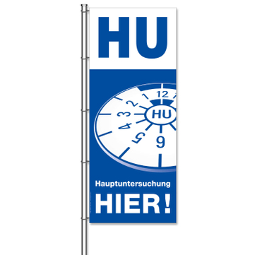 Fahne: HU hier Hauptuntersuchung / HU hier!  H 375 x B 150cm