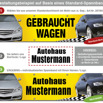 Gestaltungspauschale Standard- Spannband aus Sortiment mit Ihrem Text/Logo 