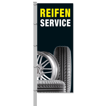 Fahne Reifenservice Motiv mit Fotos von Reifen und Felgen  H 375 x B 150cm