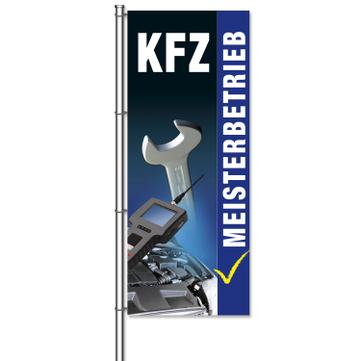 Fahne KFZ-Werkstatt Motiv: KFZ-Meisterbetrieb mit Bilder  H 300 x B 120cm
