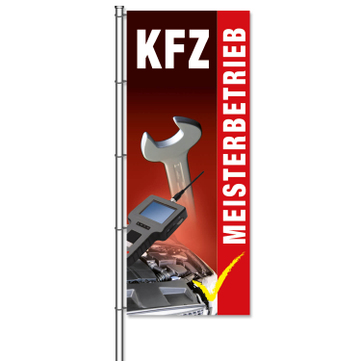 Fahne KFZ-Werkstatt Motiv: KFZ-Meisterbetrieb mit Bilder  H 375 x B 150cm