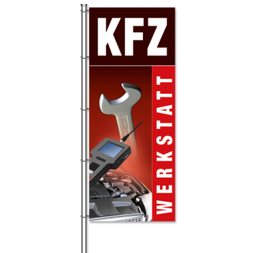 Fahne KFZ-Werkstatt mit Bildmotiven aus der KFZ-Werkstatt  H 375 x B 150cm