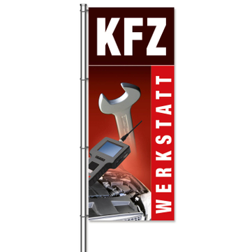 Fahne KFZ-Werkstatt mit Bildmotiven aus der KFZ-Werkstatt  H 300 x B 120cm