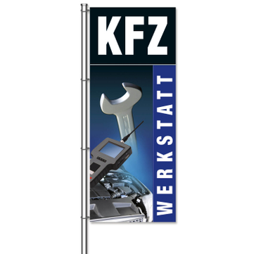 Fahne KFZ-Werkstatt mit Bildmotiven aus der KFZ-Werkstatt  H 300 x B 120cm