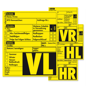 Rad-/Reifenaufkleber Reifenetiketten 4-fach Satz: VL/VR/HL/HL (100 x 4-fach Sätze) 