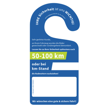 Spiegelanhänger Radschrauben nach 50-100 km nachziehen (VPE 50 Stück) 