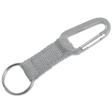Schlüsselanhänger mit Karabinerhaken, Nylonband mit Kunstleder-Pad Silber