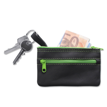 Schlüsseltasche Colo 2 Fächer, mit grünen Reißverschlüssen  Schwarz/Grün