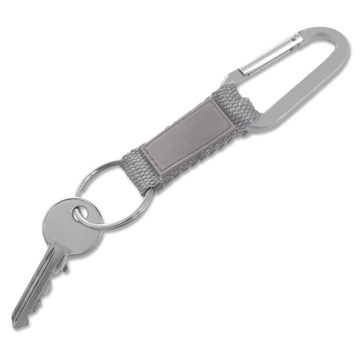 Schlüsselanhänger mit Karabinerhaken, Nylonband mit Kunstleder-Pad Silber