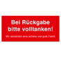 Serviceaufkleber Bei Rückgabe bitte volltanken!  